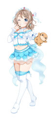 Rule 34 | 1girl, artist request, blue eyes, blue nails, blue skirt, boots, bow, bowtie, brown hair, character doll, cleavage cutout, clothing cutout, commentary request, crop top, earrings, full body, grin, hair ribbon, hand to own mouth, highres, holding, holding stuffed toy, jewelry, koi ni naritai aquarium, long sleeves, looking at viewer, love live!, love live! sunshine!!, nail polish, navel, one eye closed, ribbon, short hair, shoulder cutout, simple background, skirt, smile, solo, striped bow, striped bowtie, striped clothes, striped neckwear, stuffed animal, stuffed toy, thigh boots, thighhighs, tiara, uchicchii, watanabe you, white background, white footwear