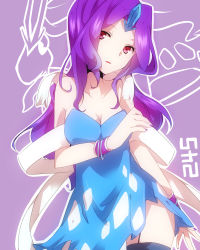 Rule 34 | 1girl, bare shoulders, black thighhighs, breasts, cleavage, creatures (company), dress, forehead jewel, game freak, garter straps, gen 2 pokemon, head tilt, highres, legendary pokemon, long hair, looking at viewer, nail polish, nintendo, personification, pokedex number, pokemon, purple hair, red eyes, sash, solo, strapless, strapless dress, suicune, takeshima eku, thighhighs, wristband