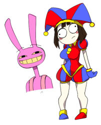 Rule 34 | 1boy, 1girl, :/, breasts, expressionless, full body, glitch productions, gloves, grin, hat, jax (the amazing digital circus), jester, jester cap, looking at viewer, medium breasts, multicolored eyes, pomni (the amazing digital circus), rabbit boy, rabbit ears, short hair, sinensian, smile, the amazing digital circus, white background