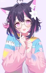 Rule 34 | 1girl, ahoge, animal ear fluff, animal ears, artist name, black hair, braid, clothes writing, commentary, deyui, drawstring, english text, glasses, hair intakes, hands up, heart, heart ahoge, highres, jacket, lilypichu, long sleeves, looking at viewer, multicolored hair, offlinetv, open clothes, open jacket, open mouth, pink eyes, pink hair, pink jacket, puffy long sleeves, puffy sleeves, purple background, round eyewear, shirt, simple background, sleeves past wrists, solo, two-tone hair, upper body, virtual youtuber, white shirt