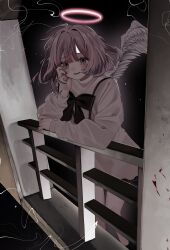 Rule 34 | 1girl, absurdres, angel wings, balcony, bare legs, black nails, black ribbon, black trim, concrete, crying, crying with eyes open, dress, floating, halo, hanataro (sruvhqkehy1zied), hand on own face, highres, long sleeves, looking at viewer, night, original, pink eyes, pink halo, railing, ribbon, sad smile, sailor dress, short hair, tears, white dress, wings