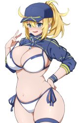 Rule 34 | 1girl, ahoge, artoria pendragon (fate), baseball cap, bikini, blonde hair, blue eyes, blue hat, blue jacket, blush, bra, bra pull, breasts, closed mouth, clothes pull, commentary request, cropped jacket, fate/grand order, fate (series), hair between eyes, hair through headwear, hand on own hip, hand up, hat, highres, imuzi, jacket, looking at viewer, medium breasts, medium hair, midriff, mysterious heroine x (fate), mysterious heroine xx (fate), navel, ponytail, shrug (clothing), side-tie bikini bottom, simple background, smile, solo, swimsuit, underwear, v, white background, white bikini