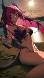 Rule 34 | 1girl, animal ears, artist name, black hair, blunt bangs, blurry, blurry background, bracer, breasts, colored inner hair, dragon ears, facial mark, facial tattoo, heart, heart facial mark, highleg, highleg panties, highres, horns, indie virtual youtuber, large breasts, looking at viewer, multicolored hair, multiple horns, nanoless, panties, pink eyes, pink hair, revealing clothes, sitting, snake armband, solo, sunset, tail, tattoo, trickywi, two-tone hair, underwear, virtual youtuber