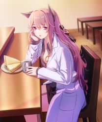 Rule 34 | 1girl, 3 small spiders, absurdres, animal ear fluff, animal ears, breasts, female focus, food, girls&#039; frontline, girls&#039; frontline neural cloud, grey shirt, hand on own face, hand on table, head rest, highres, long hair, looking at viewer, open clothes, open mouth, open robe, persica (girls&#039; frontline), persicaria (neural cloud), pink hair, purple eyes, robe, shirt, sitting, solo, table, white robe