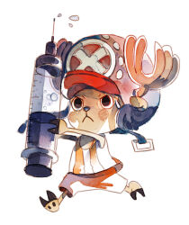 Rule 34 | 1boy, antlers, black eyes, bluekomadori, blush, closed mouth, frown, full body, hat, holding, horns, male focus, needle, one piece, running, simple background, solo, sweat, sweatdrop, tony tony chopper, white background