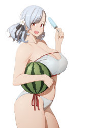 Rule 34 | 1girl, :d, bikini, breasts, cleavage cutout, clothing cutout, flower, food, fruit, girls&#039; frontline, hair flower, hair ornament, holding, holding food, large breasts, long hair, looking at viewer, navel, open mouth, popsicle, red eyes, side-tie bikini bottom, silver hair, simple background, smile, solo, spas-12 (girls&#039; frontline), strapless, strapless bikini, sungpark, swimsuit, twintails, watermelon, white background, white bikini