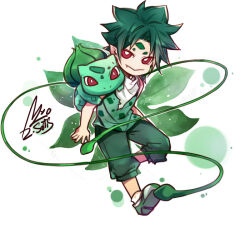 Rule 34 | 1boy, bright pupils, bulbasaur, closed mouth, creature, creature and personification, creature on shoulder, creatures (company), fang, game freak, gen 1 pokemon, green hair, green pants, green shirt, male focus, myo (79500), nintendo, no nose, nostrils, on shoulder, pants, plant, pointy ears, pokemon, red eyes, scarf, shirt, short hair, short sleeves, signature, vines, white background, white footwear, white pupils, white scarf