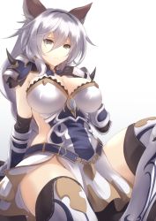 Rule 34 | 10s, 1girl, animal ears, arm support, armor, blue hair, breasts, brown eyes, cleavage, erune, female focus, frown, granblue fantasy, hand on own chest, heles, highres, hijiki meshi, large breasts, leaning back, long hair, sitting, solo, thighhighs