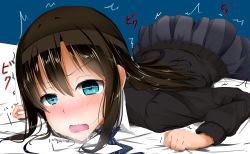 Rule 34 | 10s, 1girl, absurdres, bad id, bad pixiv id, brown hair, cardigan, clenched hands, comb (artist), commentary request, drooling, green eyes, hair between eyes, highres, idolmaster, idolmaster cinderella girls, leaning forward, long hair, looking at viewer, lying, necktie, on stomach, open mouth, school uniform, shibuya rin, simple background, skirt, skirt set, solo, trembling, wavy mouth
