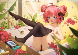 Rule 34 | 1girl, absurdres, ahoge, ass, azur lane, bare arms, bare shoulders, bath, bathing, bathroom, bathtub, black panties, black pantyhose, black ribbon, blue eyes, blush, breasts, chinese commentary, clothes pull, collarbone, commentary request, double bun, embarrassed, faucet, flower, hair bun, hair ribbon, highres, looking at viewer, manjuu (azur lane), mirror, nintendo switch, open mouth, panties, pantyhose, pantyhose pull, petals, pink hair, pulling own clothes, ribbon, rose, rose petals, saratoga (azur lane), short hair, sitting, small breasts, solo, sweatdrop, thighs, topless, underwear, v-shaped eyebrows, xiaoxiao nanjue buyaokeng