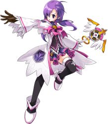 Rule 34 | 1girl, aisha landar, bow, brown gloves, coat, elemental master (elsword), elsword, full body, gloves, official art, pink bow, purple eyes, purple hair, purple skirt, purple thighhighs, ress, shoes, short hair, simple background, skirt, solo, thighhighs, transparent background, twintails, wand