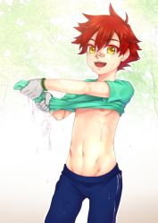 Rule 34 | 10s, 1boy, aizen kunitoshi, bandaid, bandaid on face, bandaid on nose, clothes lift, looking at viewer, male focus, navel, nokkosu, open mouth, red hair, shirt lift, smile, solo, touken ranbu, wet, wet clothes, wringing clothes, yellow eyes