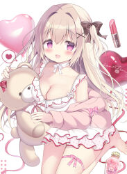 Rule 34 | 1girl, :d, azumi kazuki, bad anatomy, balloon, barefoot, blush, bow, breasts, brown bow, cleavage, commentary request, cosmetics, dress, hair between eyes, hair intakes, hair ornament, hairclip, heart, heart balloon, jacket, light brown hair, lipstick tube, long hair, long sleeves, looking at viewer, medium breasts, off shoulder, one side up, open clothes, open jacket, open mouth, original, pink eyes, pink jacket, puffy long sleeves, puffy sleeves, simple background, sleeveless, sleeveless dress, sleeves past wrists, smile, solo, spoken heart, striped, striped bow, stuffed animal, stuffed toy, teddy bear, very long hair, white background, white dress, x hair ornament