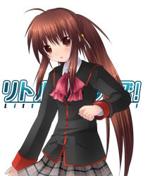 Rule 34 | 1girl, 6u (eternal land), :o, ahoge, blazer, blush, bow, bowtie, brown eyes, brown hair, grey skirt, jacket, kiyu, little busters!, long sleeves, looking at viewer, natsume rin, parted lips, pink bow, plaid, plaid skirt, pleated skirt, red bow, red bowtie, simple background, skirt, solo, white background