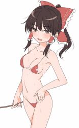 Rule 34 | 1girl, armpits, bikini, blush, bow, breasts, brown eyes, brown hair, collarbone, frilled hair tubes, frills, gohei, hair bow, hair tubes, hakurei reimu, highres, japanese clothes, looking at viewer, miko, miyo (ranthath), navel, nontraditional miko, ponytail, red bow, short hair, sidelocks, simple background, small breasts, solo, sweat, swimsuit, thighs, touhou, white background, yin yang, yin yang print