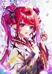 Rule 34 | 1girl, asymmetrical wings, blue eyes, crystal wings, earrings, flower, halo, heterochromia, hololive, hololive english, horns, irys (new year) (hololive), irys (hololive), japanese clothes, jewelry, kimono, long hair, looking at viewer, multicolored clothes, multicolored kimono, nail polish, official alternate costume, pink eyes, plum blossoms, pointy ears, print kimono, purple hair, red hair, sowon, teeth, twintails, upper teeth only, very long hair, virtual youtuber, wings