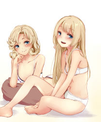 Rule 34 | 2girls, :d, artist name, bare legs, bare shoulders, barefoot, beige background, blonde hair, blue eyes, blush, bra, breasts, collarbone, feet up, full body, gradient background, head tilt, janus (kancolle), jervis (kancolle), kantai collection, long hair, looking at viewer, lying, multiple girls, on stomach, open mouth, panties, rizzl, short hair, sidelocks, simple background, small breasts, smile, underwear, underwear only, white bra, white panties