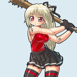 Rule 34 | 10s, 1girl, alternate costume, arnval, bad id, bad pixiv id, baseball bat, breasts, busou shinki, dd (ijigendd), doll joints, female focus, gloves, hair ribbon, hip focus, joints, nail, nail bat, ponytail, red eyes, ribbon, simple background, skirt, sleeveless, solo, thighhighs, weapon, white hair, wide hips, zettai ryouiki