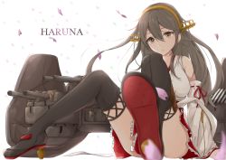 Rule 34 | 1girl, bare shoulders, black hair, boots, breasts, camouflage, character name, dazzle paint, detached sleeves, gluteal fold, hair ornament, hairband, hairclip, haruna (kancolle), hoshimiya mashiro, kantai collection, large breasts, long hair, looking at viewer, nontraditional miko, petals, red skirt, sitting, skirt, smile, solo, thigh boots, thighhighs