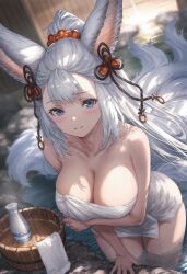 Rule 34 | 1girl, absurdres, animal ears, artist request, bath, blue eyes, breasts, bucket, cleavage, commentary, erune, fox ears, fox tail, granblue fantasy, hair ornament, highres, large breasts, looking at viewer, naked towel, smile, societte (granblue fantasy), tail, towel, white hair