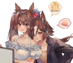 Rule 34 | 2girls, :d, animal ears, bare shoulders, black jacket, blush, breasts, brown eyes, brown hair, brown shirt, cherry, collarbone, commentary request, crossed arms, daiwa scarlet (umamusume), fang, food, frilled shirt, frills, fruit, hair between eyes, hair intakes, hair over one eye, head on another&#039;s shoulder, highres, horse ears, jacket, large breasts, long hair, multicolored hair, multiple girls, off-shoulder shirt, off shoulder, open clothes, open jacket, open mouth, pancake, pancake stack, pudding, puffy short sleeves, puffy sleeves, ryuuji teitoku, see-through, shirt, short sleeves, simple background, smile, spoken food, tiara, twintails, two-tone hair, umamusume, upper body, very long hair, vodka (umamusume), white background, white hair, white shirt