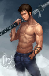Rule 34 | 10s, 1boy, 2013, brown hair, dated, earrings, facial hair, goatee, hand in pocket, jewelry, katana, kikoku, long sideburns, male focus, manly, navel, one piece, ping (caoyanping198793), sheath, sheathed, topless male, sideburns, signature, solo, sword, tattoo, trafalgar law, weapon