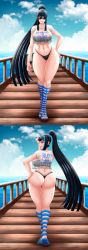 Rule 34 | 1girl, absurdres, ass, back, black panties, blue eyes, boots, breasts, bridge, cameltoe, cleavage, cleft of venus, clothes writing, crop top, crop top overhang, from behind, hand on own hip, highres, huge ass, kill la kill, kiryuuin satsuki, large breasts, lips, long hair, looking at viewer, navel, panties, ponytail, see-through, sky, smile, solo, stomach, strapless, sunglasses, takilmar, thick thighs, thighs, toeless footwear, tube top, underwear, wide hips