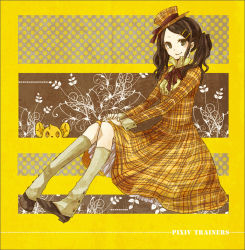 Rule 34 | 1girl, black hair, brown eyes, buzz (moi), dress, english text, floral background, flower, hair ornament, hairpin, hand on lap, hat, knees, looking at viewer, neck ribbon, plaid, polka dot, polka dot background, ribbon, shoes, sitting, smile, text focus, twintails, yellow eyes, yellow theme
