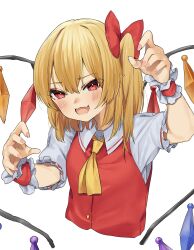 Rule 34 | 1girl, ascot, blonde hair, crystal, flandre scarlet, frilled shirt collar, frills, hands up, highres, looking at viewer, medium hair, multicolored wings, nail polish, open mouth, pocche-ex, puffy short sleeves, puffy sleeves, red eyes, red vest, short sleeves, side ponytail, simple background, solo, touhou, upper body, vest, wings, yellow ascot