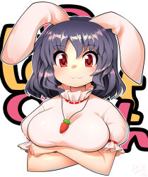 Rule 34 | 1girl, :3, animal ears, black hair, breasts, carrot necklace, crossed arms, dress, highres, inaba tewi, necklace, rabbit ears, red eyes, short hair, solo, touhou, umigarasu (kitsune1963), wavy hair, white dress