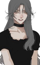 Rule 34 | 1girl, black choker, black shirt, choker, collarbone, commentary, grey eyes, grey hair, highres, hoshi san 3, long hair, looking at viewer, mole, mole under mouth, open mouth, original, shirt, short sleeves, simple background, solo, white background