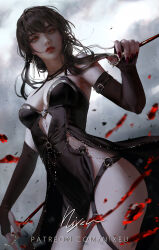 Rule 34 | 1girl, artist name, black dress, black gloves, blood, breasts, chain, cleavage, clothing cutout, cowboy shot, crossed bangs, dagger, dress, earrings, expressionless, fingerless gloves, fingernails, floating clothes, floating hair, gloves, grey background, highres, holding, holding dagger, holding knife, holding weapon, jewelry, knife, long fingernails, long hair, medium breasts, mole, mole on arm, mole on breast, necklace, nixeu, patreon username, realistic, red eyes, red nails, sidelocks, simple background, solo, spy x family, standing, thigh strap, thighs, two-tone background, weapon, white background, yor briar