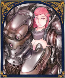 Rule 34 | 1girl, armor, bad id, bad pixiv id, breasts, cleavage, kusagami style, large breasts, lips, pink eyes, pink hair, power armor, solo