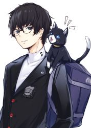 Rule 34 | 2boys, amamiya ren, animal ear fluff, backpack, bad id, bad twitter id, bag, black-framed eyewear, black cat, black hair, black jacket, blazer, blue eyes, blue sclera, borushichi, cat, colored sclera, commentary request, glasses, grin, highres, jacket, long sleeves, looking at another, male focus, morgana (persona 5), multiple boys, open mouth, parted lips, persona, persona 5, shirt, simple background, smile, tail, upper body, white background, white shirt
