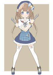 Rule 34 | 1girl, absurdres, amaryllis gumi, apron, bad id, bad twitter id, blue eyes, blue skirt, blush, braid, braided hair rings, brown background, brown hair, closed mouth, crossed arms, donguri suzume, hair ribbon, hair rings, hat, highres, holding, looking at viewer, name tag, puffy short sleeves, puffy sleeves, ribbon, shoes, short sleeves, simple background, skirt, smile, standing, thighhighs, tongs, twin braids, virtual youtuber, waist apron, waitress, white thighhighs, yoshimochi moni, zettai ryouiki