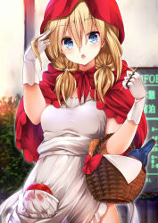 Rule 34 | 1girl, amasora taichi, apple, apron, baguette, basket, blonde hair, blurry, blurry background, bottle, bow, brass knuckles, bread, breasts, capelet, chestnut mouth, commentary request, cowboy shot, food, fruit, glint, gloves, grey eyes, hair between eyes, hair over shoulder, hand in own hair, highres, hood, hooded capelet, little red riding hood, little red riding hood (grimm), long hair, looking at viewer, low-tied long hair, low twintails, medium breasts, naked apron, open mouth, original, outdoors, red bow, red capelet, see-through, small breasts, solo, twintails, weapon, white gloves, wine bottle