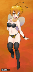 Rule 34 | 1girl, antennae, arthropod girl, bee girl, bee wings, black bra, black footwear, blonde hair, blush, boots, bra, breasts, brown eyes, cleavage, collar, dakunart, fur collar, hand on own chest, highres, insect girl, insect wings, large breasts, looking at viewer, mely, navel, open mouth, orange background, panties, short hair, smile, standing, striped clothes, striped panties, teeth, thigh boots, thighhighs, underwear, wings, wristband, yellow panties