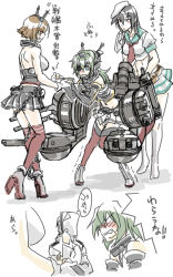 Rule 34 | 1boy, 3girls, admiral (kancolle), belt, belt pouch, blue eyes, cannon, chain, comic, cosplay, costume switch, covering face, eyepatch, fingerless gloves, gloves, green hair, halterneck, halterneck, holding hands, hat, headgear, height difference, kai (akamekogeme), kantai collection, kiso (kancolle), kiso (kancolle) (cosplay), long hair, machinery, multiple girls, mutsu (kancolle), nagato (kancolle) (cosplay), nagato (kancolle), pleated skirt, pouch, sailor hat, school uniform, serafuku, skirt, translation request, trembling, turret, vambraces, white background