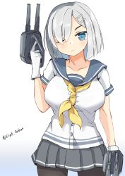 Rule 34 | 1girl, absurdres, adapted turret, black pantyhose, blue eyes, breasts, cannon, cowboy shot, gloves, grey sailor collar, grey skirt, hair ornament, hair over one eye, hairclip, hamakaze (kancolle), highres, kantai collection, kinneko garuru, large breasts, looking at viewer, neckerchief, one-hour drawing challenge, pantyhose, pleated skirt, sailor collar, school uniform, serafuku, short hair, short sleeves, simple background, skirt, solo, turret, twitter username, white background, white gloves, white hair, yellow neckerchief