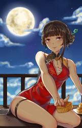 Rule 34 | 1girl, \m/, absurdres, bare shoulders, black hair, blunt bangs, china dress, chinese clothes, cleavage cutout, clothing cutout, cookie, covered navel, dou (1277759191), dress, earrings, food, full moon, hair bun, hair ornament, hair stick, highres, jewelry, leaning to the side, lips, looking at viewer, mole, mole under eye, moon, nail polish, pink eyes, railing, red nails, sarashi, side slit, single hair bun, sitting, sky, solo, thigh strap, thighs, tray, warship girls r, yat sen (warship girls r)
