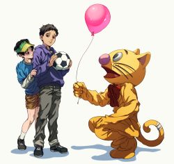 Rule 34 | 1other, 2boys, absurdres, aged down, animal costume, ball, balloon, behind another, black hair, bow, bowtie, brown hair, brown shorts, cat costume, child, curly hair, hiding, hiding behind another, highres, holding, holding ball, holding balloon, hood, hoodie, killing stalking, kneeling, looking at another, mascot costume, multiple boys, oba-min, oh sangwoo, peeking out, purple hoodie, red bow, red bowtie, shorts, soccer ball, socks, visor cap, white background, white socks, yoon bum