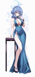 Rule 34 | 1girl, absurdres, ako (dress) (blue archive), bad id, bad twitter id, bare arms, bare shoulders, blue archive, blue dress, blue eyes, blue hair, blue halo, blue nails, blush, bracelet, breasts, cleavage, closed mouth, collarbone, dress, eternity (shadeh), full body, halo, hand up, highres, jewelry, large breasts, looking at viewer, medium hair, nail polish, official alternate costume, smile, solo, standing, thighs, toenail polish, toenails