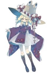 Rule 34 | 1girl, adapted costume, black footwear, blonde hair, blunt bangs, boots, commentary request, cross-laced footwear, detached sleeves, dress, expressionless, floral print, flower, full body, green eyes, hair ribbon, hat, highres, jitome, knee boots, lace-up boots, long hair, long sleeves, looking at viewer, moriya suwako, nikorashi-ka, outstretched arm, outstretched hand, purple ribbon, ribbon, ribbon-trimmed clothes, ribbon-trimmed sleeves, ribbon trim, rope, shirt, sidelocks, simple background, sleeves past wrists, solo, touhou, turtleneck, white background, white dress, white shirt, wide sleeves