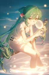 Rule 34 | 1girl, absurdres, breasts, china dress, chinese clothes, cleavage, cleavage cutout, closed mouth, clothing cutout, commentary request, dress, flower, green eyes, green hair, green nails, hair between eyes, hatsune miku, highres, holding, leaning forward, long hair, looking at viewer, nail polish, pink flower, shaohua hatsune miku, short sleeves, sitting, small breasts, soaking feet, solo, transparent, tuzhate, very long hair, vocaloid, water, white dress