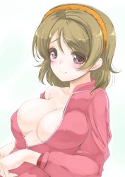 Rule 34 | 10s, 1girl, blush, breasts, brown hair, coat, frapowa, koizumi hanayo, looking at viewer, love live!, love live! school idol project, naked coat, open clothes, purple eyes, short hair, smile, solo