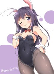 Rule 34 | 10s, 1girl, :&gt;, akatsuki (kancolle), animal ears, bare shoulders, bow, bowtie, breasts, closed mouth, covered navel, detached collar, doyagao, fake animal ears, hand on own hip, hand on own chest, kantai collection, kemonomimi mode, long hair, looking at viewer, one eye closed, pantyhose, playboy bunny, purple eyes, purple hair, rabbit ears, rabbit tail, red bow, small breasts, smile, smug, solo, standing, tail, takoyaki (takoyaki-batake), twitter username, wrist cuffs