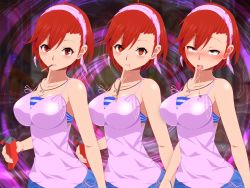 Rule 34 | 1girl, breasts, cleavage, devil survivor, dress, highres, looking at viewer, megami tensei, open mouth, short hair, solo, strapless, strapless dress, striped, tanigawa yuzu