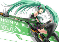 Rule 34 | 1girl, character name, copyright name, elbow gloves, fingerless gloves, floating hair, gatakk, gloves, green eyes, green hair, hatsune miku, long hair, matching hair/eyes, open mouth, solo, thighhighs, twintails, very long hair, vocaloid