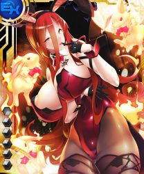 Rule 34 | 00s, 1girl, animal ears, astaroth (taimanin asagi), bare shoulders, breasts, card (ex-blue), card (medium), cleavage, curvy, detached collar, fake animal ears, female focus, fire, huge breasts, leotard, long hair, looking at viewer, magic, naughty face, no bra, playboy bunny, potion (moudamepo), rabbit, rabbit ears, rabbit tail, red hair, shiny skin, smile, solo, tail, taimanin (series), taimanin asagi, taimanin asagi battle arena all card gallery, taimanin asagi kessen arena, tattoo, yellow eyes