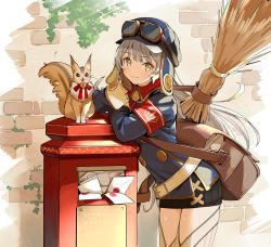 Rule 34 | 1girl, absurdres, animal, armband, bag, black skirt, blue hat, blue jacket, brick wall, broom, brown eyes, brown gloves, closed mouth, envelope, flat cap, gloves, goggles, goggles on headwear, grey hair, hat, head rest, highres, jacket, long sleeves, looking at viewer, messenger bag, original, postbox (outgoing mail), shoulder bag, skirt, smile, solo, squirrel, urata asao